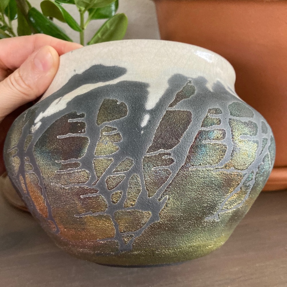 Vintage Raku Iridescent Wide Mouth Ceramic Vase
